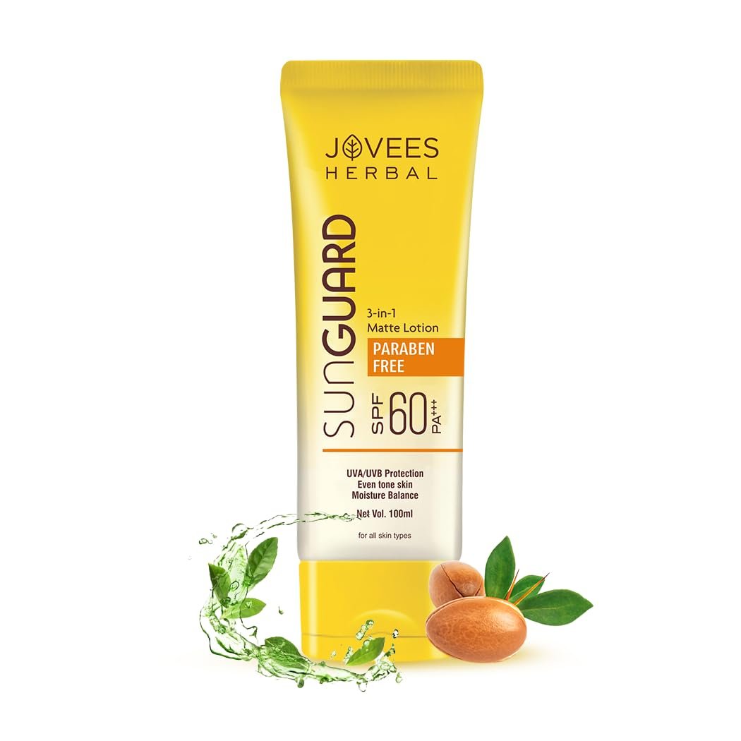 Jovees Herbal Sun Guard Sunscreen Lotion SPF 60 Pa+++ Broad Spectrum For All Skin | 3 In 1 Matte Sunscreen Lotion UVA/UVB Protection, Moisture Balance, Even Tone Skin | For Women & Men 100g