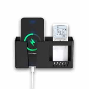 Prolet Wall Mount Mobile Charging Holder with Storage Box & AC/TV Remote Organizer, Self-Adhesive Phone Plug Stand, Multipurpose Wall Shelf, Space Saving Mobile Holder for Home & Office (Black)
