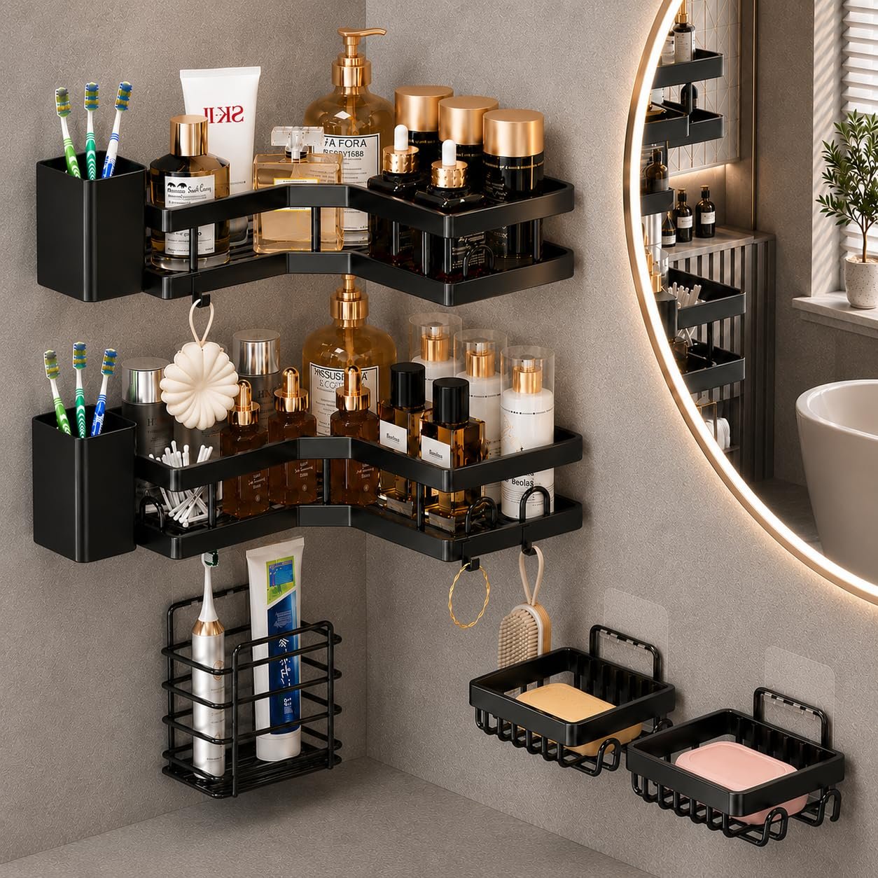 7Pcs Self Adhesive Bathroom Accessories Set, Bathroom Shelf Organizer Corner Shelf Toothbrush Holder Soap Holder & Storage Rack, No Drill Installation, Rustproof Bathroom Stand without drill