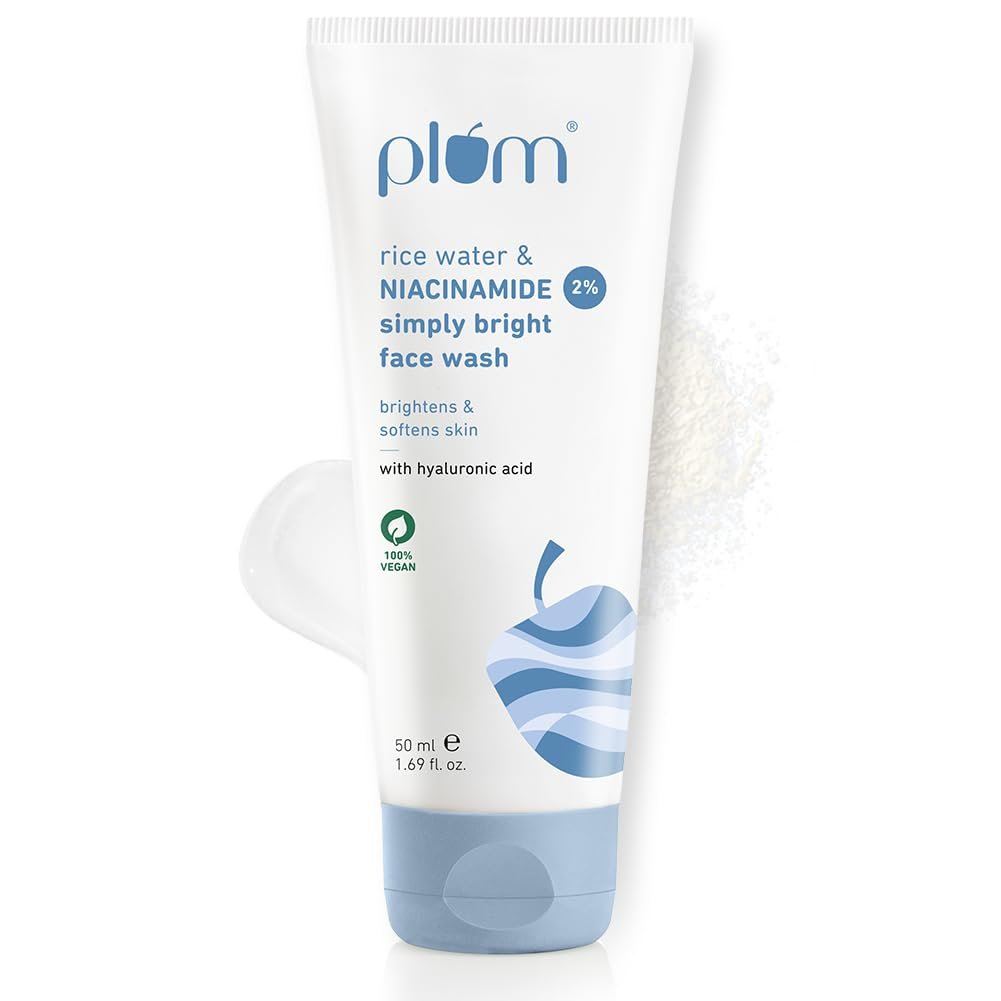 Plum Simply Bright 2% Niacinamide Face Wash With Rice Water | Brightens Skin, Helps Fade Blemishes | Softens & Smoothens Skin | Gentle & Non-Drying | Women & Men | 100% Vegan | 50 ml
