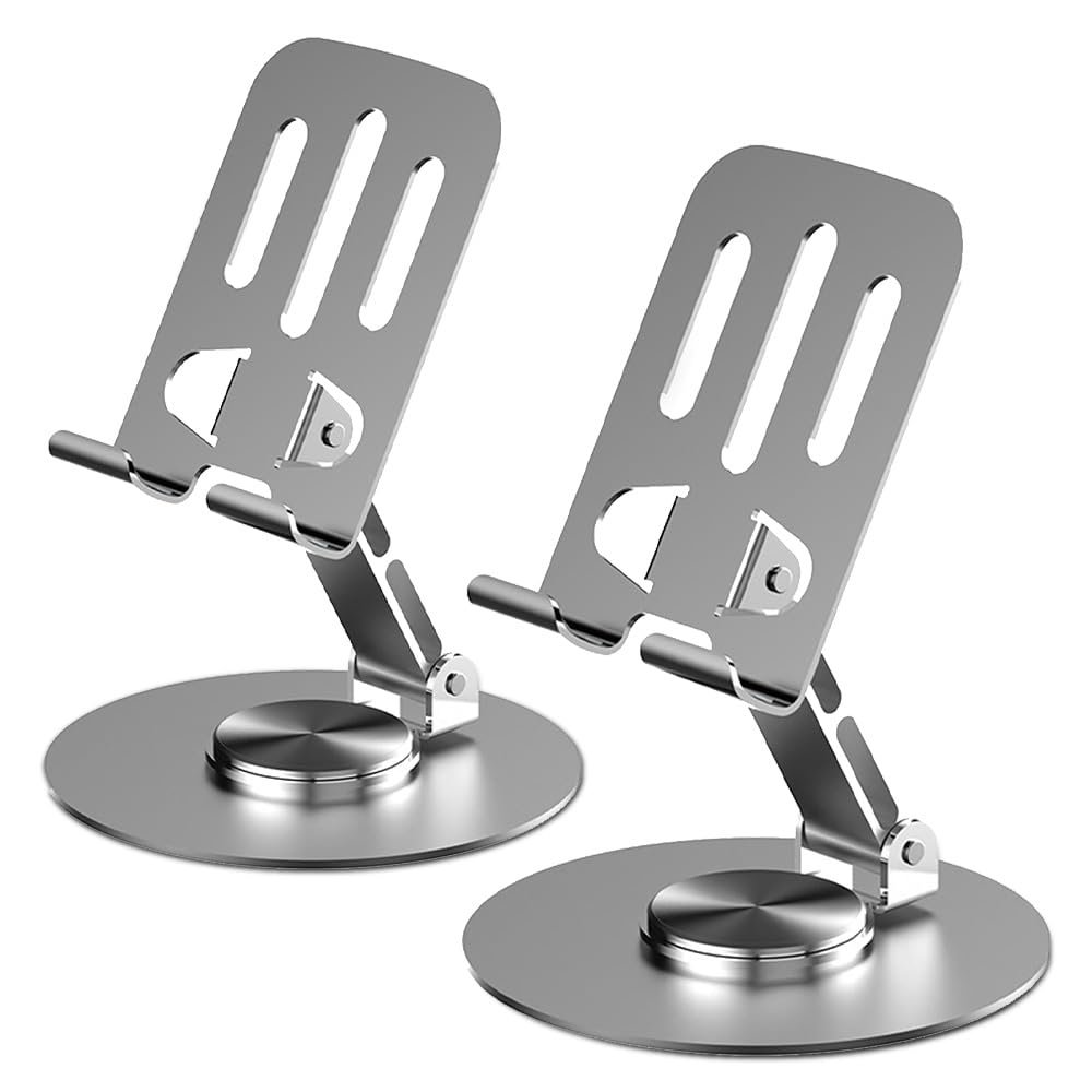 2 Pack Dual Folding Mobile Phone Stand,360 Degree Rotating Mobile Phone Holder for Desk,Compatible with All Smartphones (Grey&Grey)