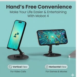 Universal Smartphone Metal Desk Stand with 360 Degree Rotation, Adjustable Height, Foldable and Anti-Slip Freestanding Mobile Holder in Black