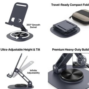Universal Smartphone Desktop Phone Stand, 360 Degree Rotation, Adjustable and Foldable, Black, Freestanding Metal Mobile Holder