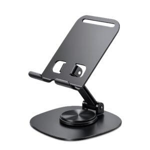 Desktop Folding Phone Stand for All Smartphones, 360 Degree Rotating, Height Adjustable, Freestanding, Black, Metal