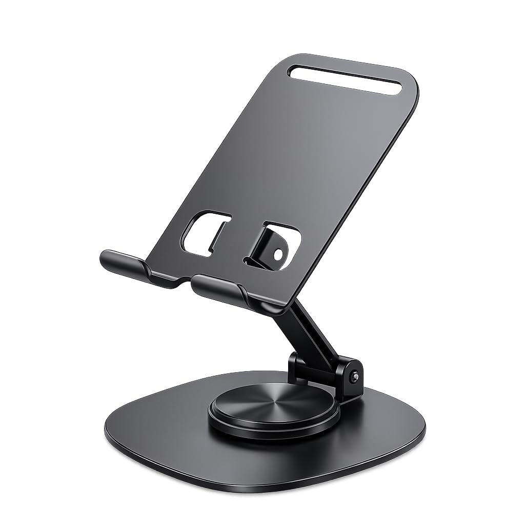 Desktop Folding Phone Stand for All Smartphones, 360 Degree Rotating, Height Adjustable, Freestanding, Black, Metal