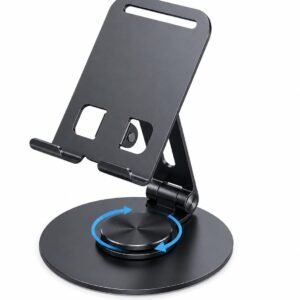 360 Degree Rotating Metal Phone Stand for Smartphones, Adjustable Height and Angle, Foldable Freestanding Mobile Holder, Black