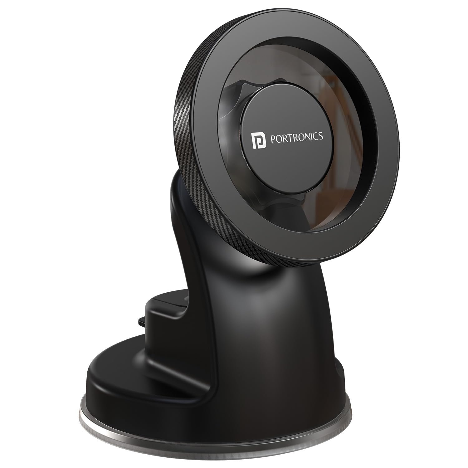 Portronics Clamp M4 Prime Magnetic Car Phone Mount with Strong Suction Cup, 360° Rotation, 90° Tilt, Windshield & Dashboard Mount, Metal Ring Included, Fits 5.4–6.7 Inch Smartphones, Black