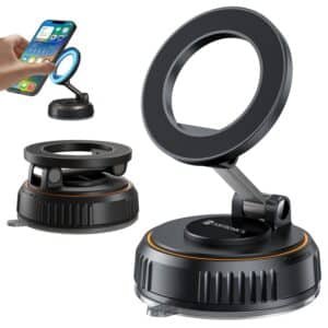 Portronics Hold Y Magnetic Vacuum Suction Mobile Holder, Multiple Angle Adjustment, Retractable, Strong Magnetic Attachment, Compatible with iPhone & Android Phone for Car, Desk, Mirror, Glass(Black)