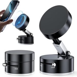 Humble® Vacuum Magnetic Phone Holder for Car | 360° Adjustable Suction Cup Mount for MagSafe & All Smartphones | Strong Foldable Mobile Holder for Car/Gym/Mirror/Kitchen – Black (MH03)