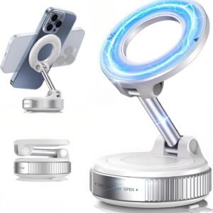 RIGGEAR Vacuum Suction Magnetic Phone Holder, Foldable 360° Adjustable Car Mobile Phone Mount for Magsafe iPhones and All Android Phones, Holder for Car, Gym, Mirror, Smooth Surface Table Top (White)
