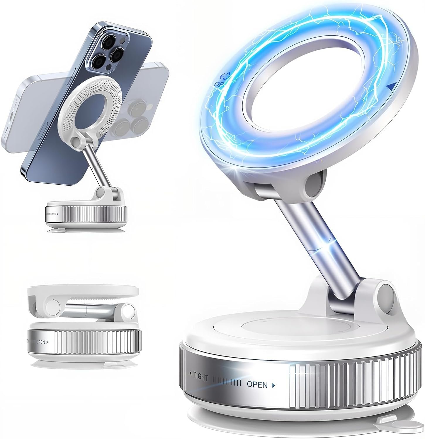 RIGGEAR Vacuum Suction Magnetic Phone Holder, Foldable 360° Adjustable Car Mobile Phone Mount for Magsafe iPhones and All Android Phones, Holder for Car, Gym, Mirror, Smooth Surface Table Top (White)