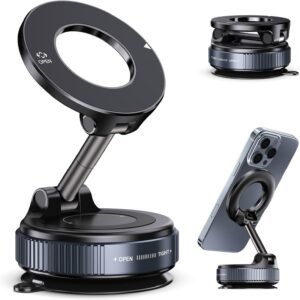 RIGGEAR Vacuum Suction Magnetic Phone Holder, Foldable 360° Adjustable Car Mobile Phone Mount for Magsafe iPhones and All Android Phones, Holder for Car, Gym, Mirror, Smooth Surface Table Top (Black)